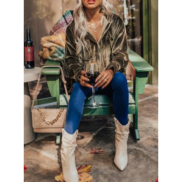 Kedera Womens Vintage Velvet Top Winter Fall Casual Long Sleeve Button Down Wedding Shirts Blouses with Pockets Olive Green