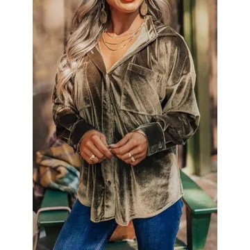 Kedera Womens Vintage Velvet Top Winter Fall Casual Long Sleeve Button Down Wedding Shirts Blouses with Pockets Olive Green