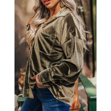 Kedera Womens Vintage Velvet Top Winter Fall Casual Long Sleeve Button Down Wedding Shirts Blouses with Pockets Olive Green