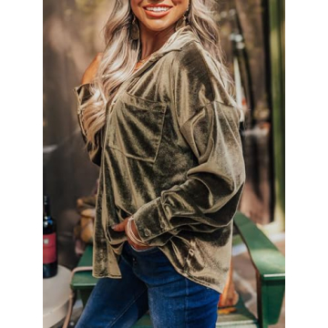 Kedera Womens Vintage Velvet Top Winter Fall Casual Long Sleeve Button Down Wedding Shirts Blouses with Pockets Olive Green