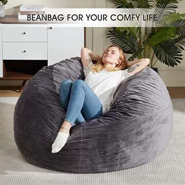 Homguava Bean Bag Chair: Giant Bean Bags with Memory Foam Filled, Large Beanbag Chairs Soft Sofa with Dutch Velet Cover 6FT(58"×58"×28")-Grey