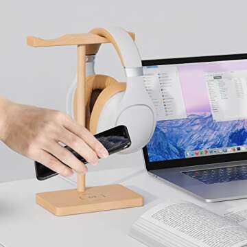ForTidy Headphone Stand Wood for Desk with Wireless Charger Gaming Headset Stand Holds Dual Universal VR Headset and Smart Watch,Support 15W Fast Charging, Type-C Cord Included, Beech