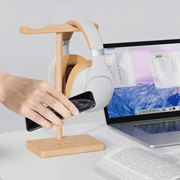 ForTidy Headphone Stand Wood for Desk with Wireless Charger Gaming Headset Stand Holds Dual Universal VR Headset and Smart Watch,Support 15W Fast Charging, Type-C Cord Included, Beech