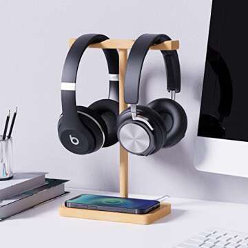 ForTidy Headphone Stand Wood for Desk with Wireless Charger Gaming Headset Stand Holds Dual Universal VR Headset and Smart Watch,Support 15W Fast Charging, Type-C Cord Included, Beech