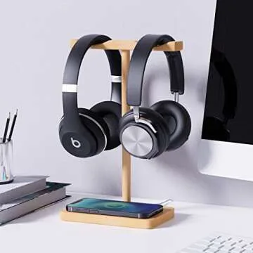 ForTidy Headphone Stand Wood for Desk with Wireless Charger Gaming Headset Stand Holds Dual Universal VR Headset and Smart Watch,Support 15W Fast Charging, Type-C Cord Included, Beech
