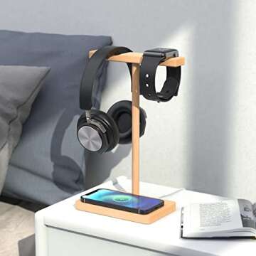 ForTidy Headphone Stand Wood for Desk with Wireless Charger Gaming Headset Stand Holds Dual Universal VR Headset and Smart Watch,Support 15W Fast Charging, Type-C Cord Included, Beech