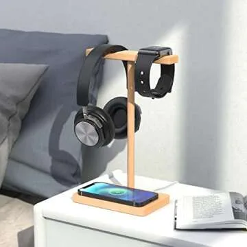 ForTidy Headphone Stand Wood for Desk with Wireless Charger Gaming Headset Stand Holds Dual Universal VR Headset and Smart Watch,Support 15W Fast Charging, Type-C Cord Included, Beech