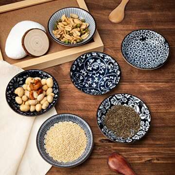 Eisinly Dipping Bowls, Soy Sauce Dish Ceramic, 3 OZ Small Serving Bowls for Side Dishes Vintage Blue Stylish Design, Set of 6 Mini Appetizer Plates for Condiment Sushi Ketchup BBQ Party, 4 Inch