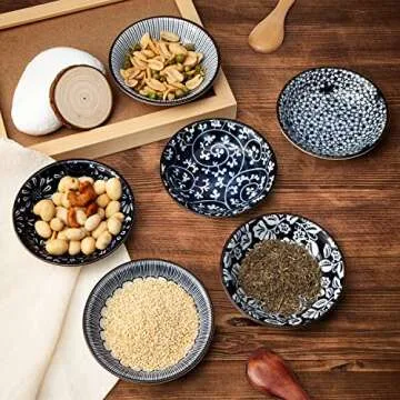 Eisinly Dipping Bowls, Soy Sauce Dish Ceramic, 3 OZ Small Serving Bowls for Side Dishes Vintage Blue Stylish Design, Set of 6 Mini Appetizer Plates for Condiment Sushi Ketchup BBQ Party, 4 Inch