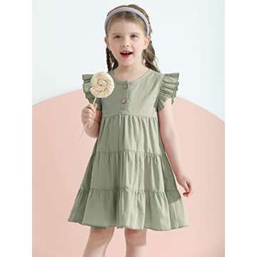 Toddler Baby Girl Cotton Linen Dress Ruffle Sleeve Vintage Button Casual Party Dresses (Green,2-3T)