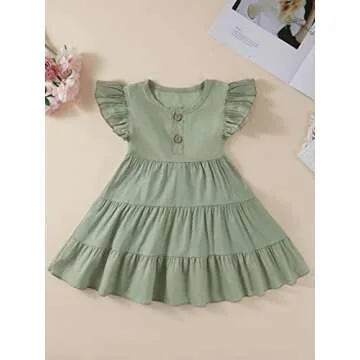 Toddler Baby Girl Cotton Linen Dress Ruffle Sleeve Vintage Button Casual Party Dresses (Green,2-3T)