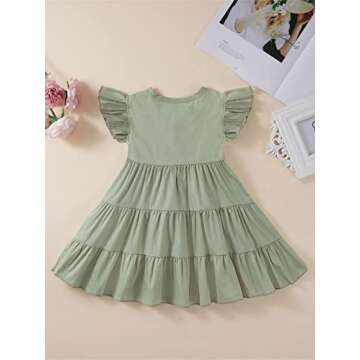 Toddler Baby Girl Cotton Linen Dress Ruffle Sleeve Vintage Button Casual Party Dresses (Green,2-3T)