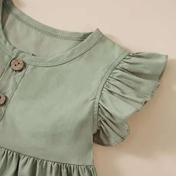 Toddler Baby Girl Cotton Linen Dress Ruffle Sleeve Vintage Button Casual Party Dresses (Green,2-3T)