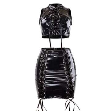 VWIWV Women's Bandage Faux Leather Dress Criss Cross 2 Piece Lace Up Crop Top and Bodycon Mini Skirt Sets Outfits Black