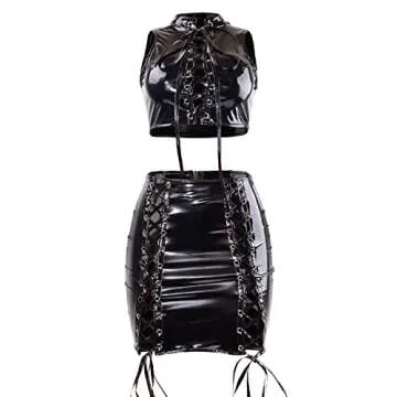 VWIWV Women's Bandage Faux Leather Dress Criss Cross 2 Piece Lace Up Crop Top and Bodycon Mini Skirt Sets Outfits Black