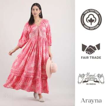 Arayna Women's Casual Long Maxi Dress for Summer Wear - Bohemian Floral Printed V Neck Smocked Outfi...