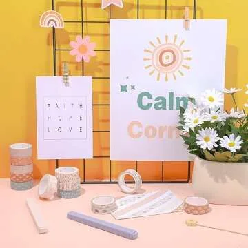 AnyDesign 12 Rolls Retro Boho Washi Tapes Vintage Rainbow Sun Raindrop Washi Masking Tapes Doodle Hand-Drawn Decorative Adhesive Tapes for Scrapbook Journal DIY Art Craft Gift Wrapping, 16.4Ft