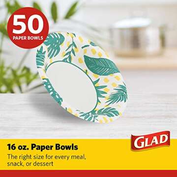 Glad Disposable Heavy Duty Cut Resistant Microwave Safe Paper Bowls with Palm Leaves Design for Hot ...