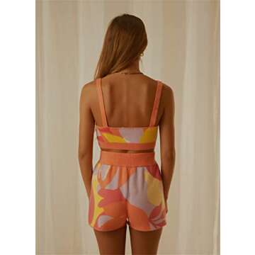 Zempertoopa Women 2Piece Knitted Shorts Set Floral Printing Crop Top Cami High Waist Skinny Shorts Outfits Party Streetwear (Orange, L)