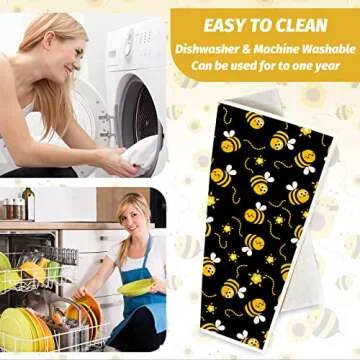 Whaline Bee Swedish Kitchen Dishcloth 6 Pack Bumble Bee Daisy Dish Towels Yellow Black Hand Drying Tea Towels Honeybee Cotton Dishcloth for Spring Summer Cooking Baking Cleaning Wipes, 6.7 x 7.7 Inch