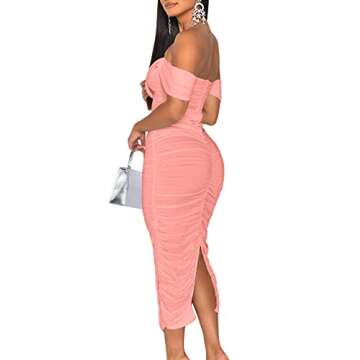 HOCILLE Women's Sexy Ruched Bodycon Strapless Off Shoulder Midi Club Party Tube Dresses, Large, Water Pink Double Layer