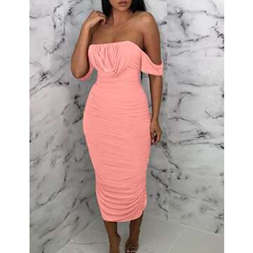 HOCILLE Women's Sexy Ruched Bodycon Strapless Off Shoulder Midi Club Party Tube Dresses, Large, Water Pink Double Layer