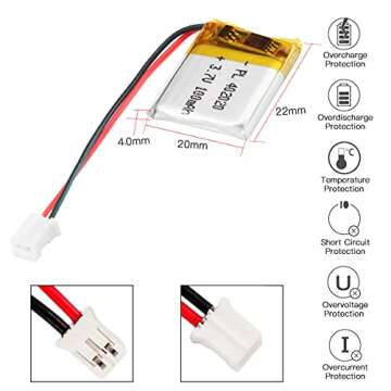 YTKavq 3.7V 100mAh Battery 402020 Lithium Polymer Ion Rechargeable Li-ion Li-Po Battery with 2P PH 2.0mm Pitch Connector