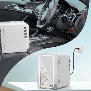 Living Enrichment Mini Fridge 6L Capacity, Skincare Fridge with Mirror, Portable Small Refrigerator Cooler or Warmer, AC DC Powered, for Drink Cosmetics, Skin Care, Bedroom Office Car, White