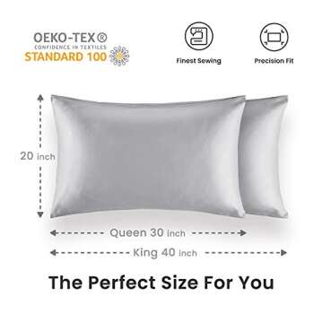 SLEEP ZONE Satin Pillowcase for Hair and Skin (Sliver Grey, 20x40 Inches) - Nanotex® Ultra Soft Silky Pillowcase Set of 2 - Satin Pillow Covers with Envelope Closure - Gift Choice for Girls and Women