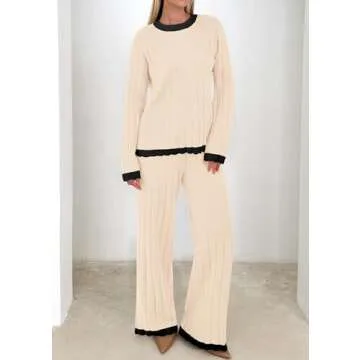 KIRUNDO Fall Sweater Sets Women 2 Piece Clothing Set Ribbed Knit Long Sleeve Soft Pullover Wide Leg Pants Lounge Outfits(Beige, Large)