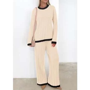 KIRUNDO Fall Sweater Sets Women 2 Piece Clothing Set Ribbed Knit Long Sleeve Soft Pullover Wide Leg Pants Lounge Outfits(Beige, Large)