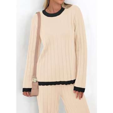 KIRUNDO Fall Sweater Sets Women 2 Piece Clothing Set Ribbed Knit Long Sleeve Soft Pullover Wide Leg Pants Lounge Outfits(Beige, Large)