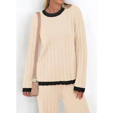 KIRUNDO Fall Sweater Sets Women 2 Piece Clothing Set Ribbed Knit Long Sleeve Soft Pullover Wide Leg Pants Lounge Outfits(Beige, Large)
