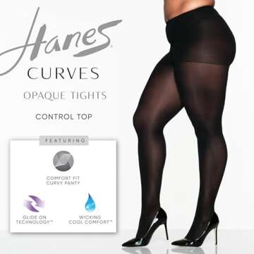Hanes Curves Control Top Sheer Toe Silky Opaque Pantyhose with Wicking Cool Comfort, Black, Size 1X ...