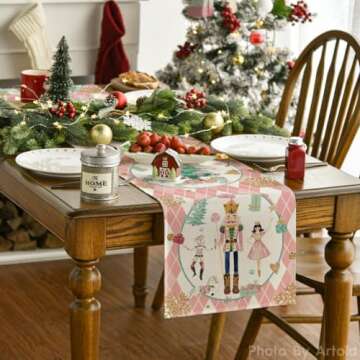 Artoid Mode Pink Diamond Plaid Nutcracker Snowflake Christmas Table Runner, Seasonal Winter Kitchen ...