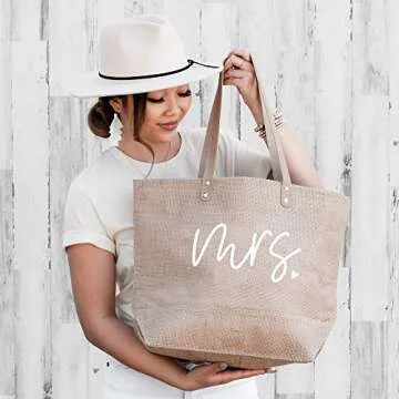 ModParty Bride Beach Bag | Mrs. Burlap Tote Bag | Engagement, Bridal Shower, & Wedding Gift for Bride | Honeymoon Travel Carry On | Large Jute Canvas Carrier