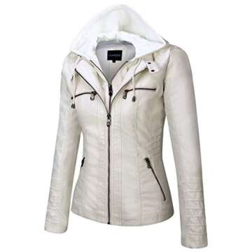 Tanming Women's Womens Hooded Faux leather Jackets (Small, White)