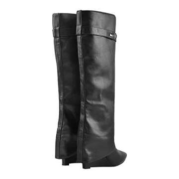 Richealnana Women's Pointy Toe Pull On Wedge Heel High Heel Slip On Knee High Heel Party Prom Dress Long Boots Fashion Winter Boots Black US 5