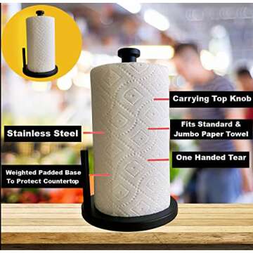 Steelware Central Paper Towel Holder Stainless Steel with Side Rod for Kitchen countertop Weighted Base Easy Tear (Matte Black)