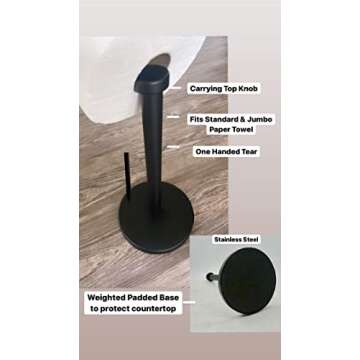 Steelware Central Paper Towel Holder Stainless Steel with Side Rod for Kitchen countertop Weighted Base Easy Tear (Matte Black)