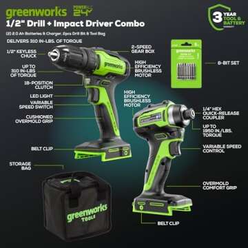 Greenworks 24V Brushless Cordless Drill Impact Driver Combo kit, 1/2”Drill & 1/4”Hex Impact Driver Power Tool Kit, Included 2 Batteries, 1 Charger, 8 pcs Bit Set & Bag, Green