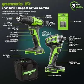 Greenworks 24V Brushless Cordless Drill Impact Driver Combo kit, 1/2”Drill & 1/4”Hex Impact Driver Power Tool Kit, Included 2 Batteries, 1 Charger, 8 pcs Bit Set & Bag, Green