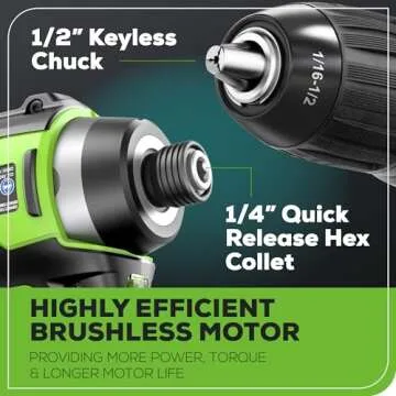 Greenworks 24V Brushless Cordless Drill Impact Driver Combo kit, 1/2”Drill & 1/4”Hex Impact Driver Power Tool Kit, Included 2 Batteries, 1 Charger, 8 pcs Bit Set & Bag, Green