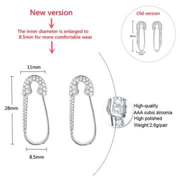 CZ Safety Pin Cartilage Sterling Silver Hoop Earrings for Women Girls Dainty Cubic Zirconia Dangle Drop Hypoallergenic Stud Post Pave Crystal Huggie Fashion Hoops Jewelry 20mm