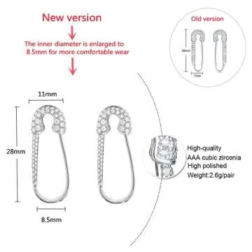 CZ Safety Pin Cartilage Sterling Silver Hoop Earrings for Women Girls Dainty Cubic Zirconia Dangle Drop Hypoallergenic Stud Post Pave Crystal Huggie Fashion Hoops Jewelry 20mm