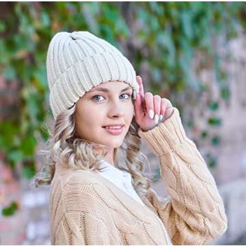 Connectyle Daily Ribbed Knit Winter Hat Slouch Fold Beanie for Women Stylish Plain Watch Cap Beige