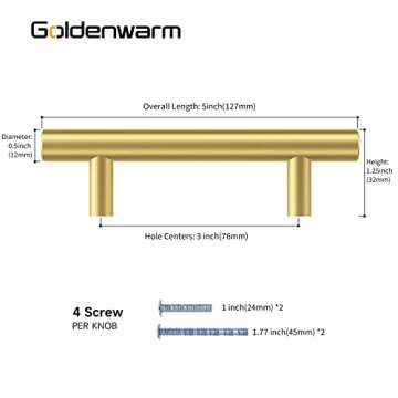 goldenwarm 10 Pack Brushed Brass Cabinet Pulls 3 inch Gold Dresser Drawer Handles - LS201GD76 Kitche...