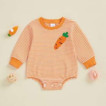 Lenjindjer Baby Girl Boy Easter Outfits Waffle Carrot/bunny Embroidery Long Sleeve Bubble Romper Inf...