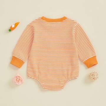 Lenjindjer Baby Girl Boy Easter Outfits Waffle Carrot/bunny Embroidery Long Sleeve Bubble Romper Infant Spring Bodysuit Tops (Orange, 6-12 Months)