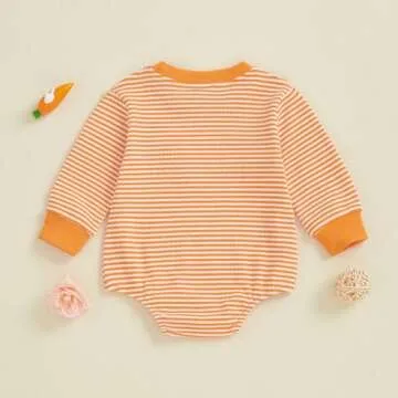 Lenjindjer Baby Girl Boy Easter Outfits Waffle Carrot/bunny Embroidery Long Sleeve Bubble Romper Infant Spring Bodysuit Tops (Orange, 6-12 Months)
